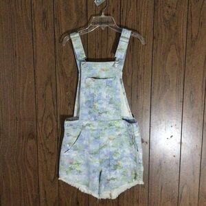 Pilcro x Anthropologie Cut-Off Short Overalls In Blue Motif Women's